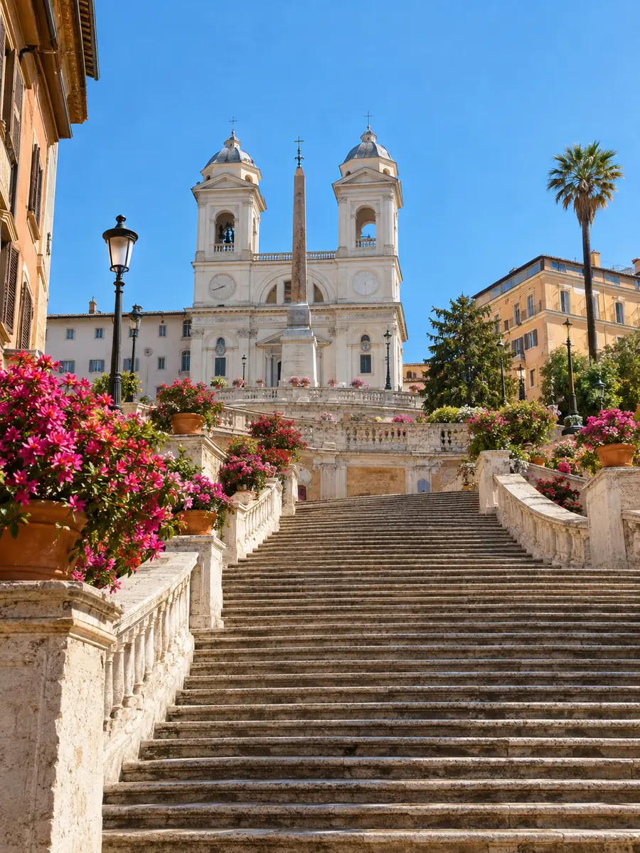 Die Spanische Treppe von unten gesehen, Azaleen auf den Balustraden und die Trinità dei Monti oben