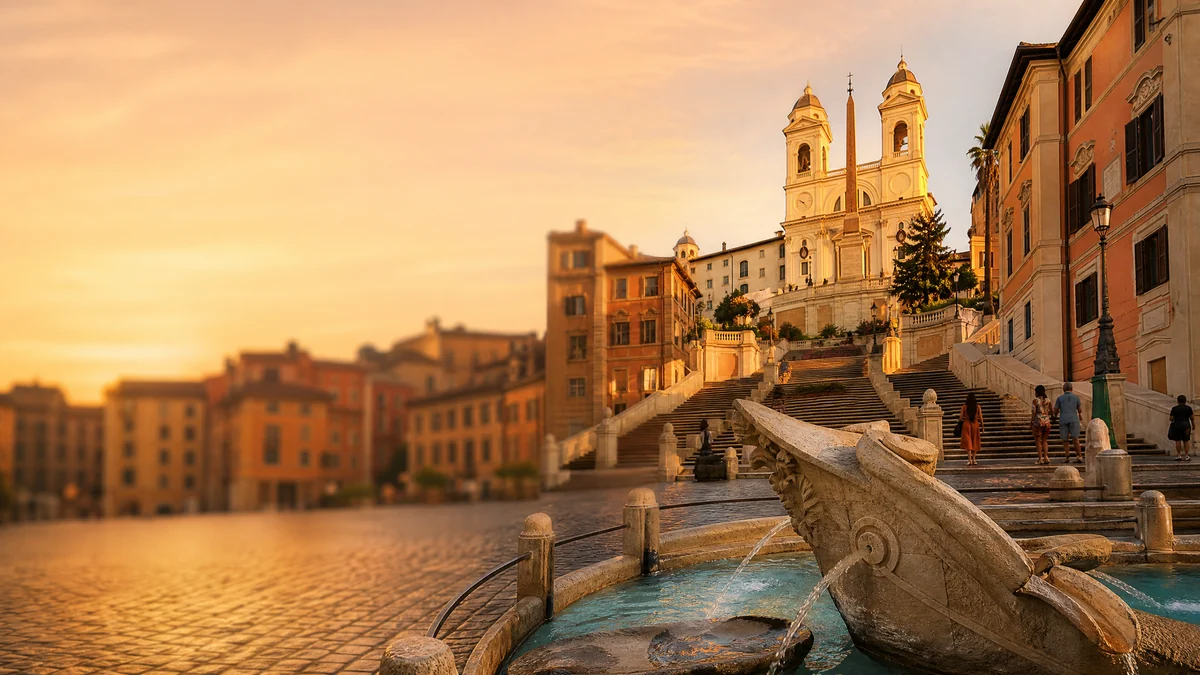 Der Barcaccia-Brunnen am Fuß der Spanischen Treppe im goldenen Abendlicht